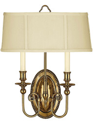 Cambridge Double Sconce with Frabric Drum Shade in Burnished Brass.